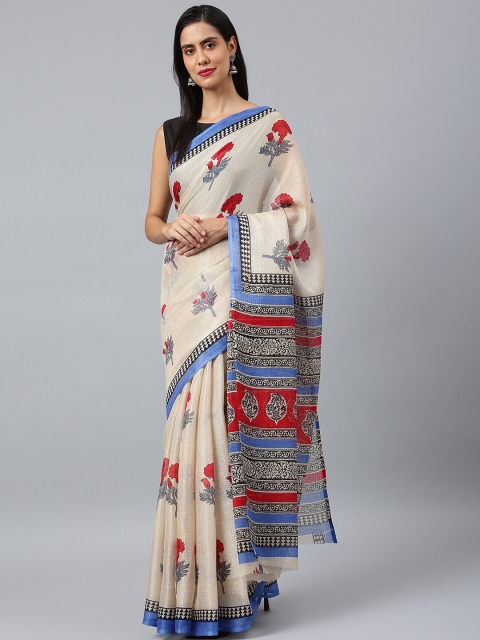 

KALINI Cream-Coloured & Red Floral Printed Kota Saree