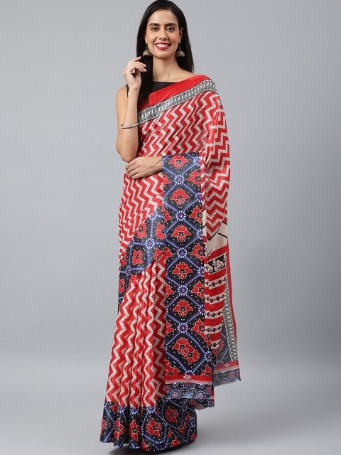 

KALINI Red & White Chevron Printed Poly Cotton Kota Saree