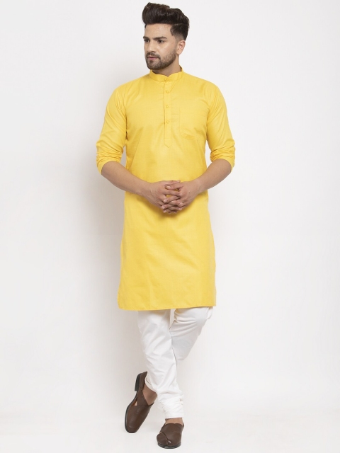 

Kaifoo Men Yellow Solid Cotton Blend Long Kurta