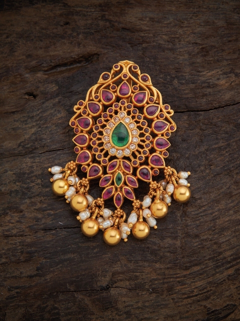 

Kushal's Fashion Jewellery Gold-Plated White & Green Stone-Studded & Beaded Pendant