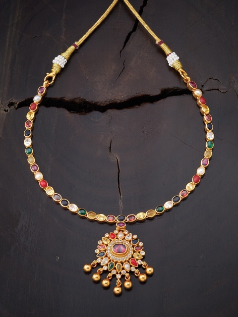 

Kushal's Fashion Jewellery Grey & Pink Silver Gold-Plated Temple Necklace