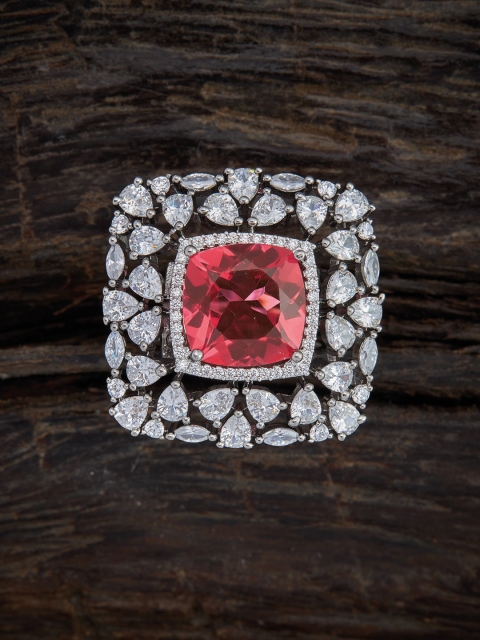 

Kushal's Fashion Jewellery Silver-Plated Red & White CZ-Studded Adjustable Finger Ring