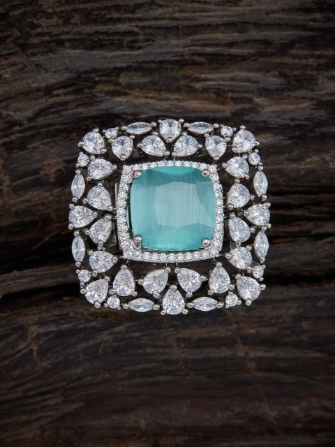

Kushal's Fashion Jewellery Rose Gold-Plated Sea-Green & White CZ-Studded Finger Ring