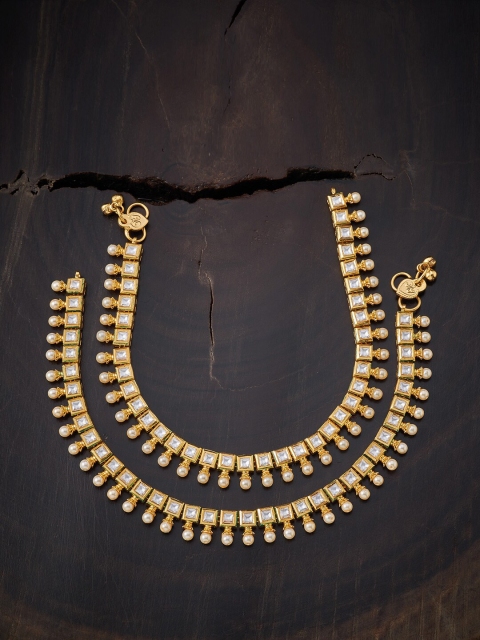 

Kushal's Fashion Jewellery Set of 2 Gold-Plated & White Kundan Studded Anklets