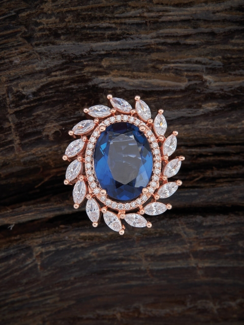 

Kushal's Fashion Jewellery Rose Gold-Plated Blue CZ-Studded Adjustable Finger Ring