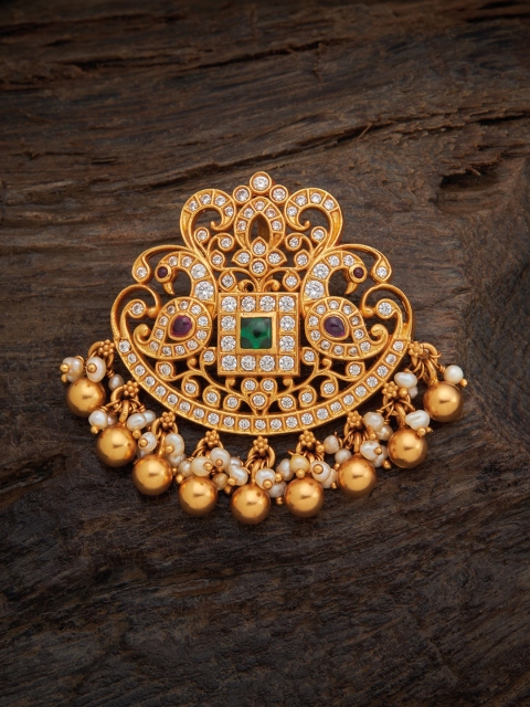 

Kushal's Fashion Jewellery Gold-Plated White & Green Stone-Studded & Beaded Temple Pendant