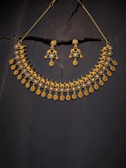 

Kushal's Fashion Jewellery Red & Green Gold-Plated Antique Necklace with Earrings