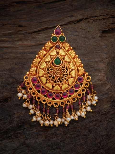 

Kushal's Fashion Jewellery Women 925 Sterling Silver Gold-Plated Ruby Red & Green Stone Studded & Pearl beaded Pendant