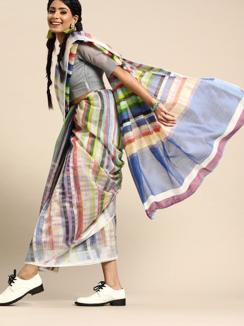 

SHAVYA Navy Blue & Yellow Striped Pure Linen Saree