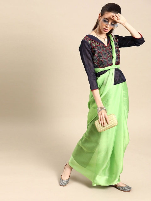 

SHAVYA Green & Black Solid Pure Chiffon Saree