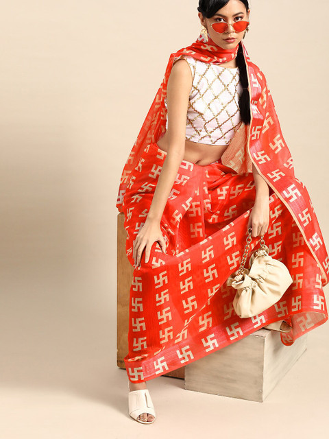 

SHAVYA Red & Gold-Toned Ethnic Motifs Embroidered Pure Linen Saree
