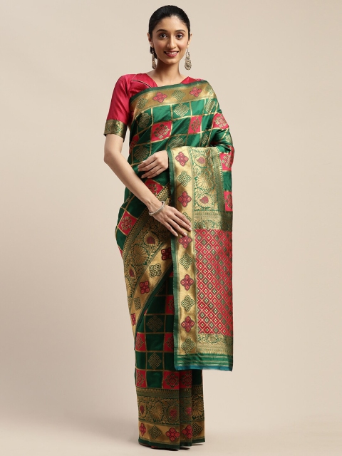 

SHAVYA Green & Red Woven Design Zari Pure Silk Banarasi Saree