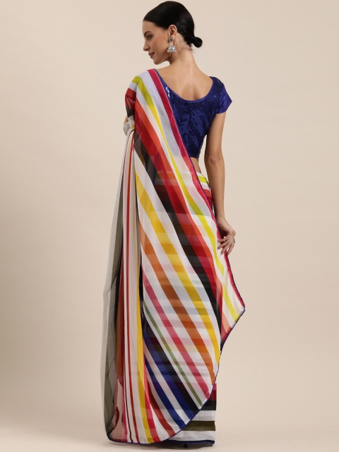 

SHAVYA Multicoloured & White Striped Sequinned Pure Georgette Saree, Multi