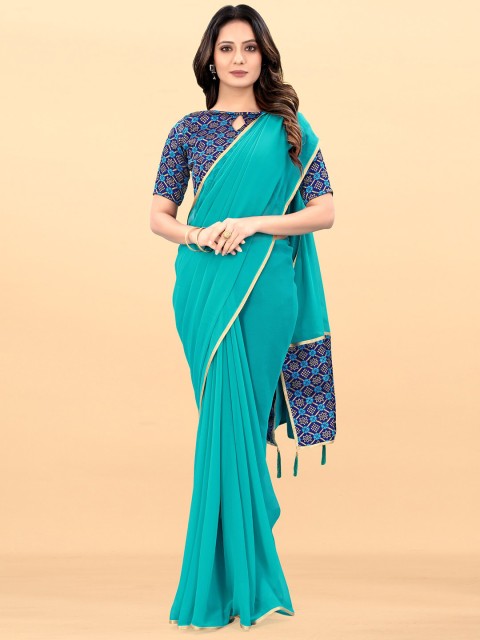 

Wuxi Teal Green & Navy Blue Solid Zari Saree