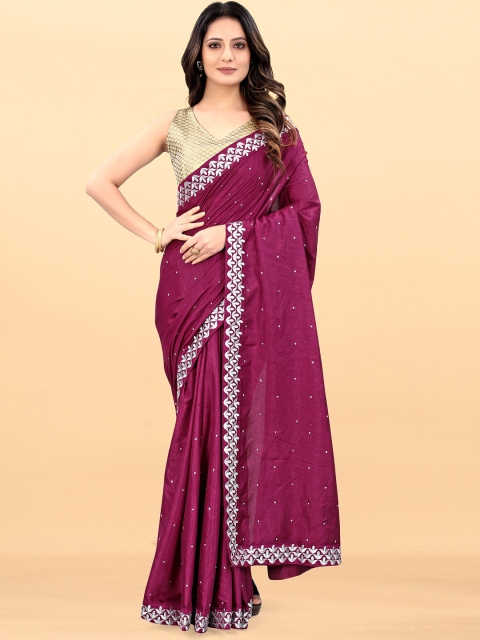 

Wuxi Purple & Gold-Toned Embellished Art Silk Saree