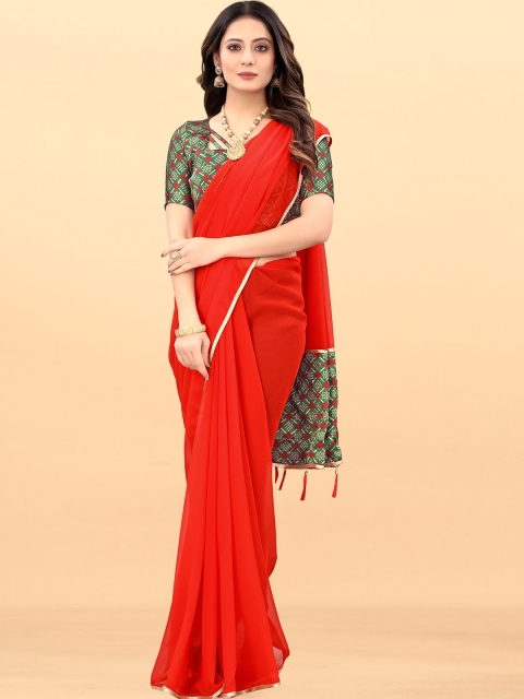 

Wuxi Red & Green Solid Saree