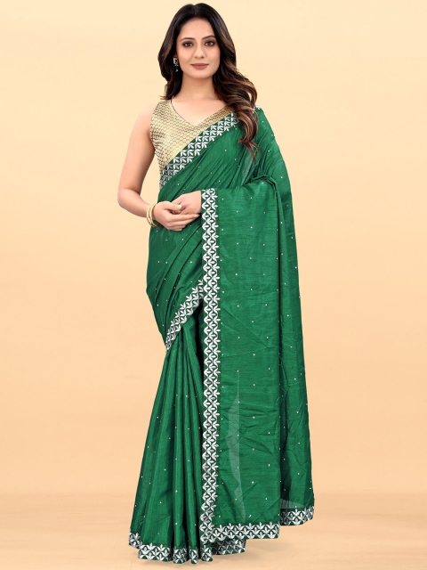 

Wuxi Green & Silver-Toned Embellished Art Silk Saree