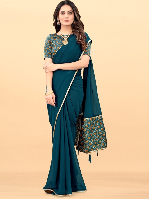 

Wuxi Blue & Gold-Toned Solid Embroidered Poly Georgette Saree