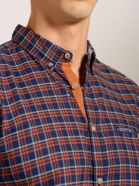 

Harvard Men Navy Blue & Orange Checked Casual Shirt
