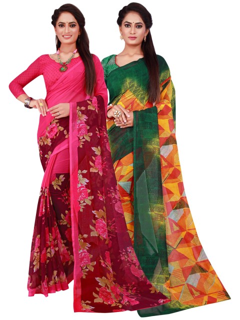 

Florence Magenta & Green Set Of 2 Floral Pure Georgette Saree