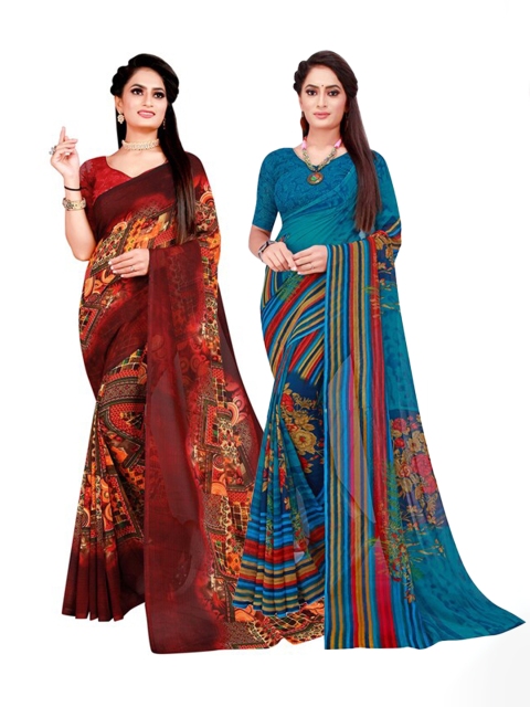 

Florence Turquoise Blue & Maroon Striped Pure Georgette Saree Pack Of 2