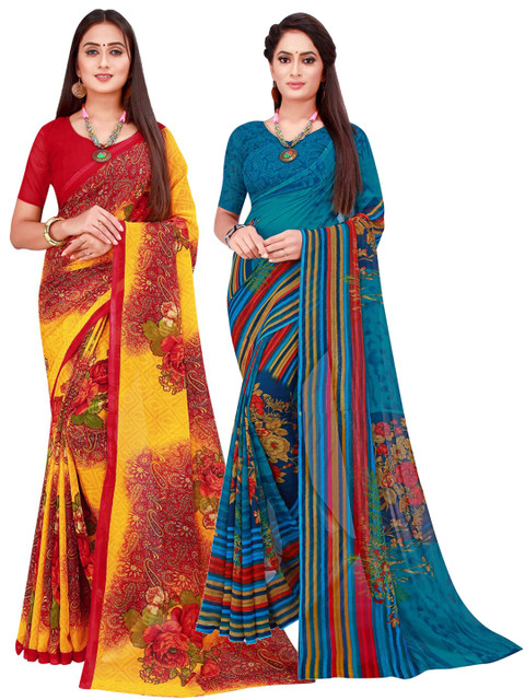 

Florence Turquoise Blue & Maroon Striped Pure Georgette Saree Pack Of 2