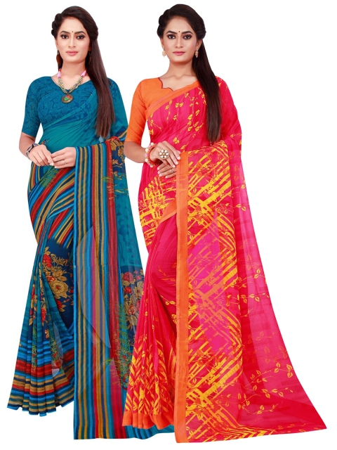 

Florence Turquoise Blue & Pink Striped Pure Georgette Saree Pack Of 2