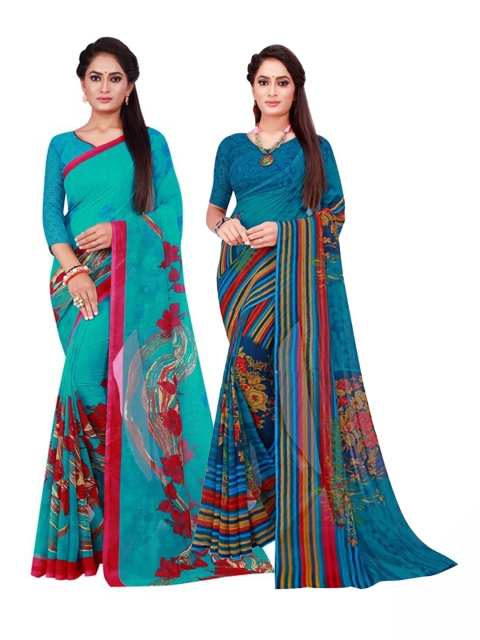 

Florence Turquoise Blue & Red Pack of 2 Printed Pure Georgette Saree