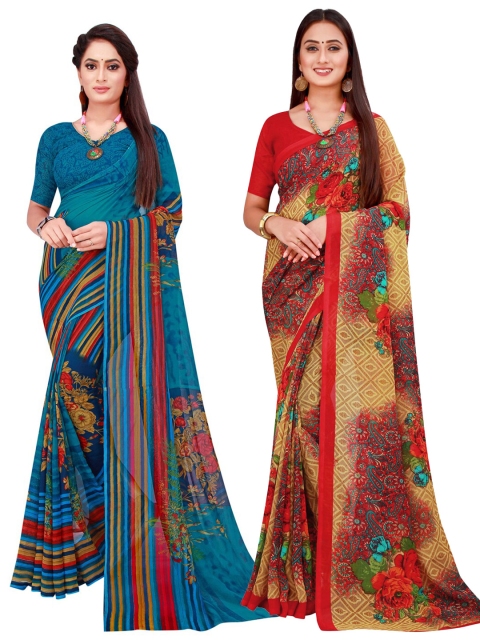 

Florence Beige & Blue Set Of 2 Floral Pure Georgette Saree