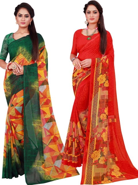 

Florence Pack of 2 Red & Green Floral Printed Pure Georgette Saree