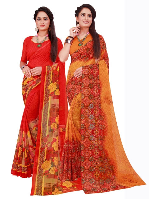 

Florence Orange & Red Set Of 2 Floral Pure Georgette Saree