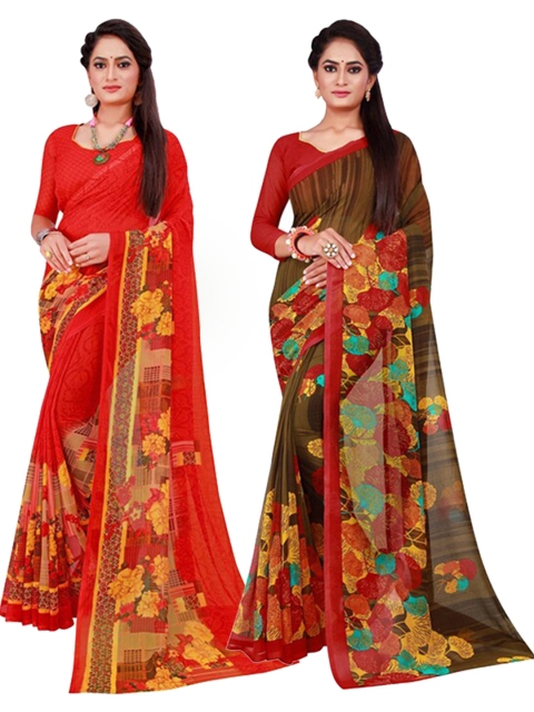 

Florence Red & Brown Floral Pack of 2 Pure Georgette Saree