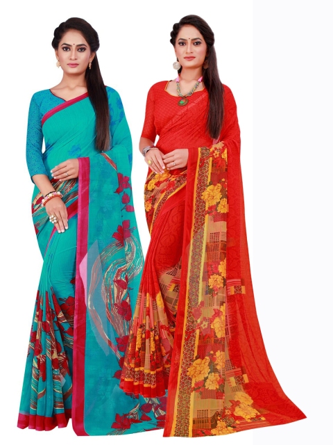 

KALINI Pack of 2 Red & Turquoise Blue Floral Pure Georgette Saree