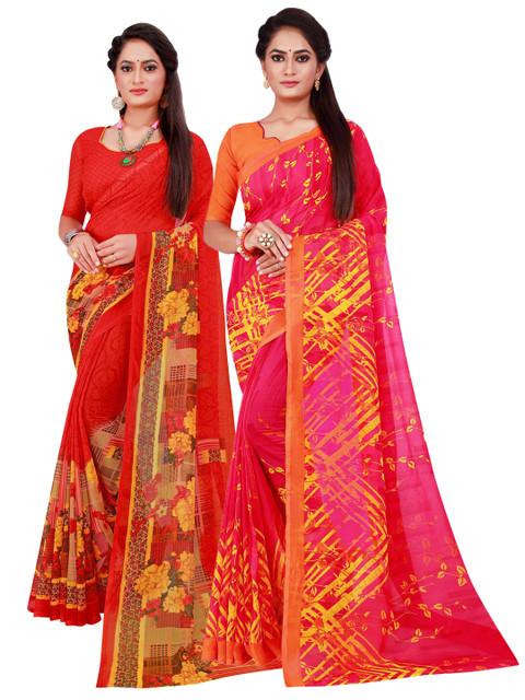 

KALINI Pack of 2 Red & Pink Floral Pure Georgette Sarees