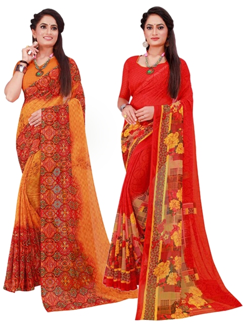 

KALINI Orange & Red Set Of 2 Floral Pure Georgette Saree
