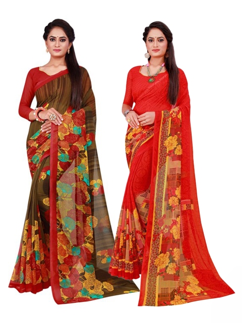 

KALINI Red & Brown Pack Of 2 Printed Pure Georgette Sarees