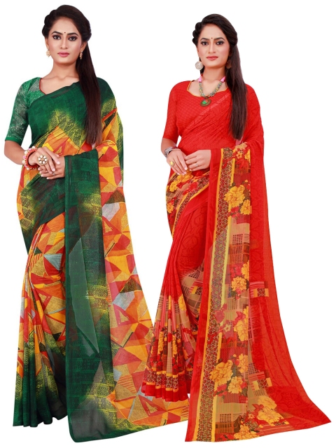 

KALINI Red & Green Set Of 2 Floral Pure Georgette Saree