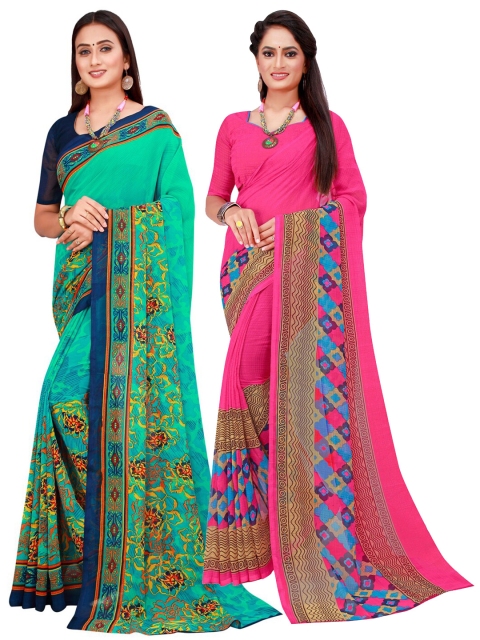 

Florence Set Of 2 Green & Magenta Floral Pure Georgette Saree