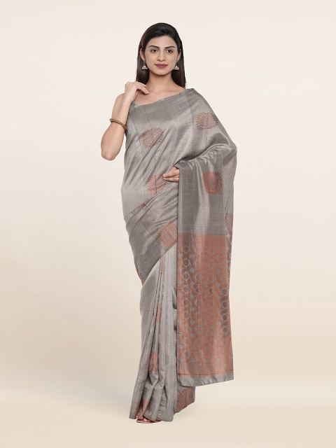 

Pothys Taupe & Gold-Toned Floral Zari Pure Silk Saree
