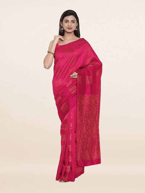 

Pothys Pink & Gold-Toned Floral Woven design Pure Silk Saree