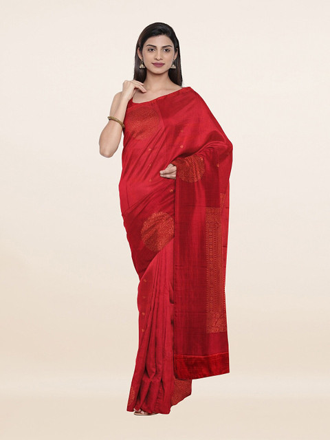 

Pothys Red & Gold-Toned Ethnic Motifs Pure Silk Saree