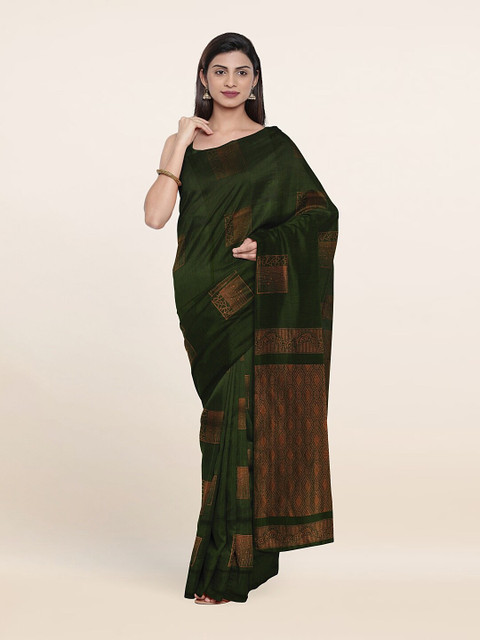 

Pothys Green & Gold-Toned Floral Zari Pure Silk Saree