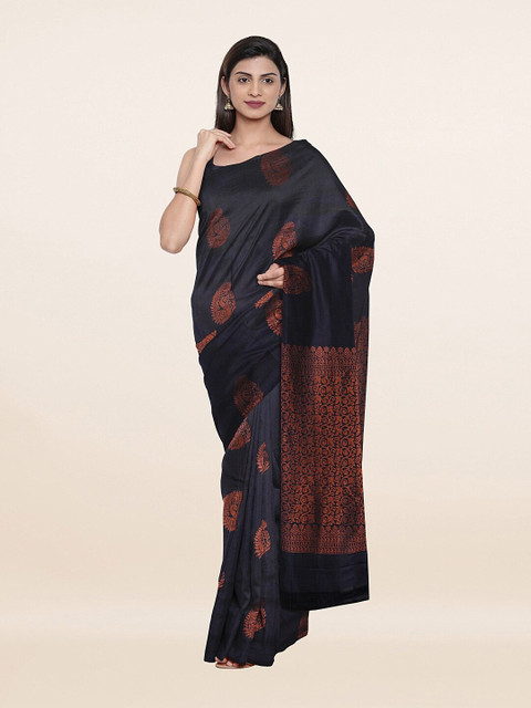 

Pothys Blue & Copper-Toned Floral Zari Pure Silk Saree