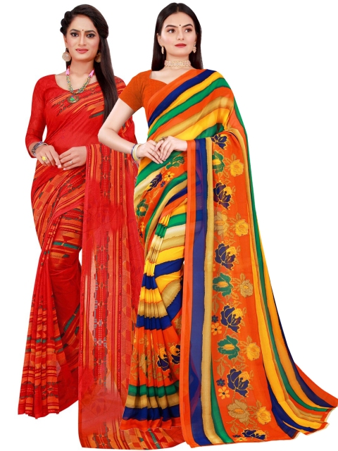 

Florence Red & Multicoloured Striped Pack of 2 Pure Georgette Saree