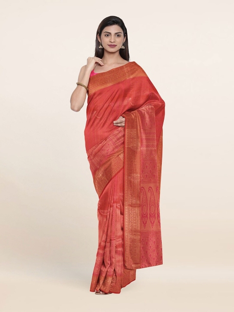 

Pothys Peach-Coloured & Gold-Toned Woven Design Pure Silk Saree