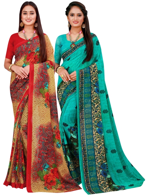 

KALINI Turquoise Blue & Red Set Of 2 Pure Georgette Saree