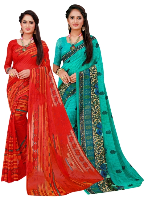 

KALINI Pack of 2 Red & Green Floral Pure Georgette Saree