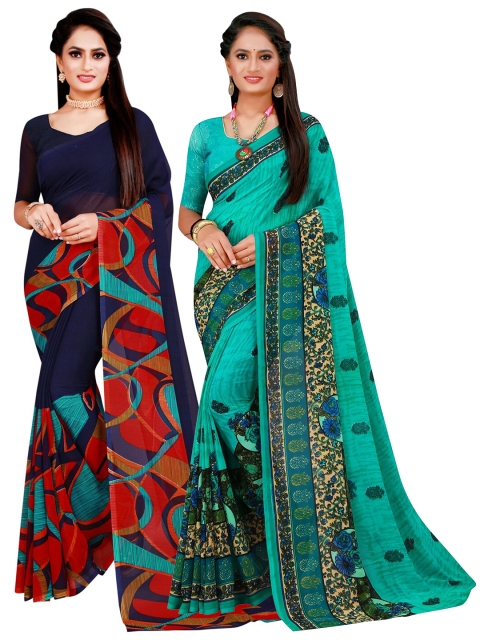 

KALINI Pack of 2 Navy Blue & Red Floral Printed Pure Georgette Saree