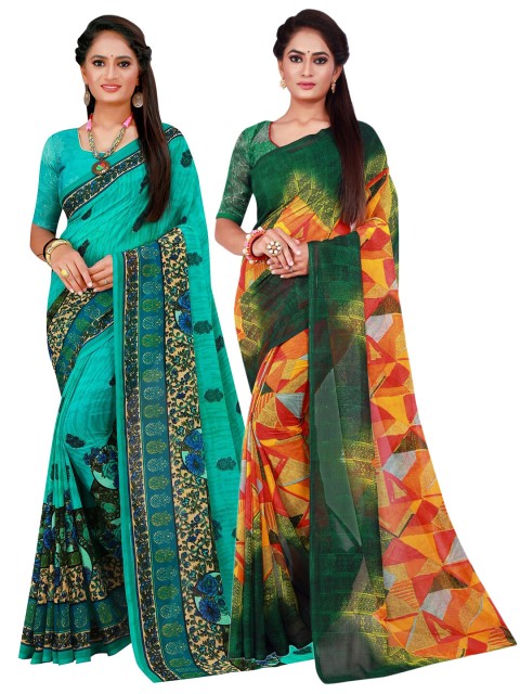

KALINI Turquoise Blue & Green Printed Pure Georgette Saree Pack Of 2