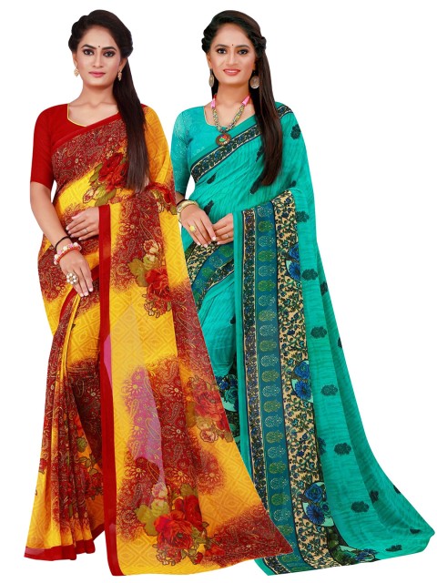 

KALINI Pack Of 2 Turquoise Blue & Red Floral Pure Georgette Saree